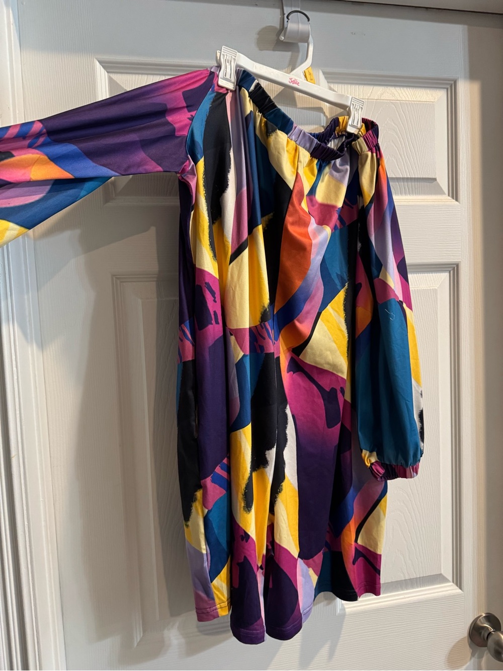 Vibrant Abstract Off-Shoulder Romper in Purple, Yellow & Teal